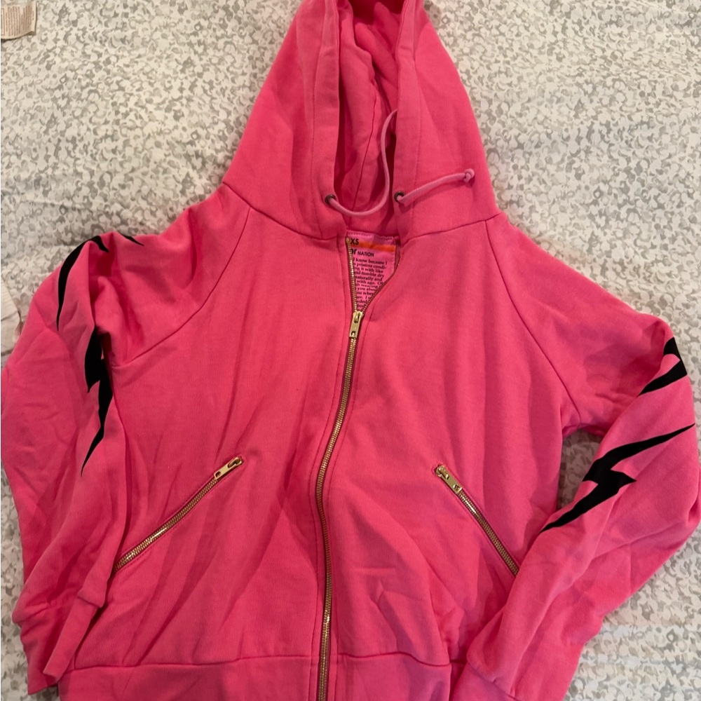 Aviator Nation Neon Pink Zip Hoodie with Gold Zipper